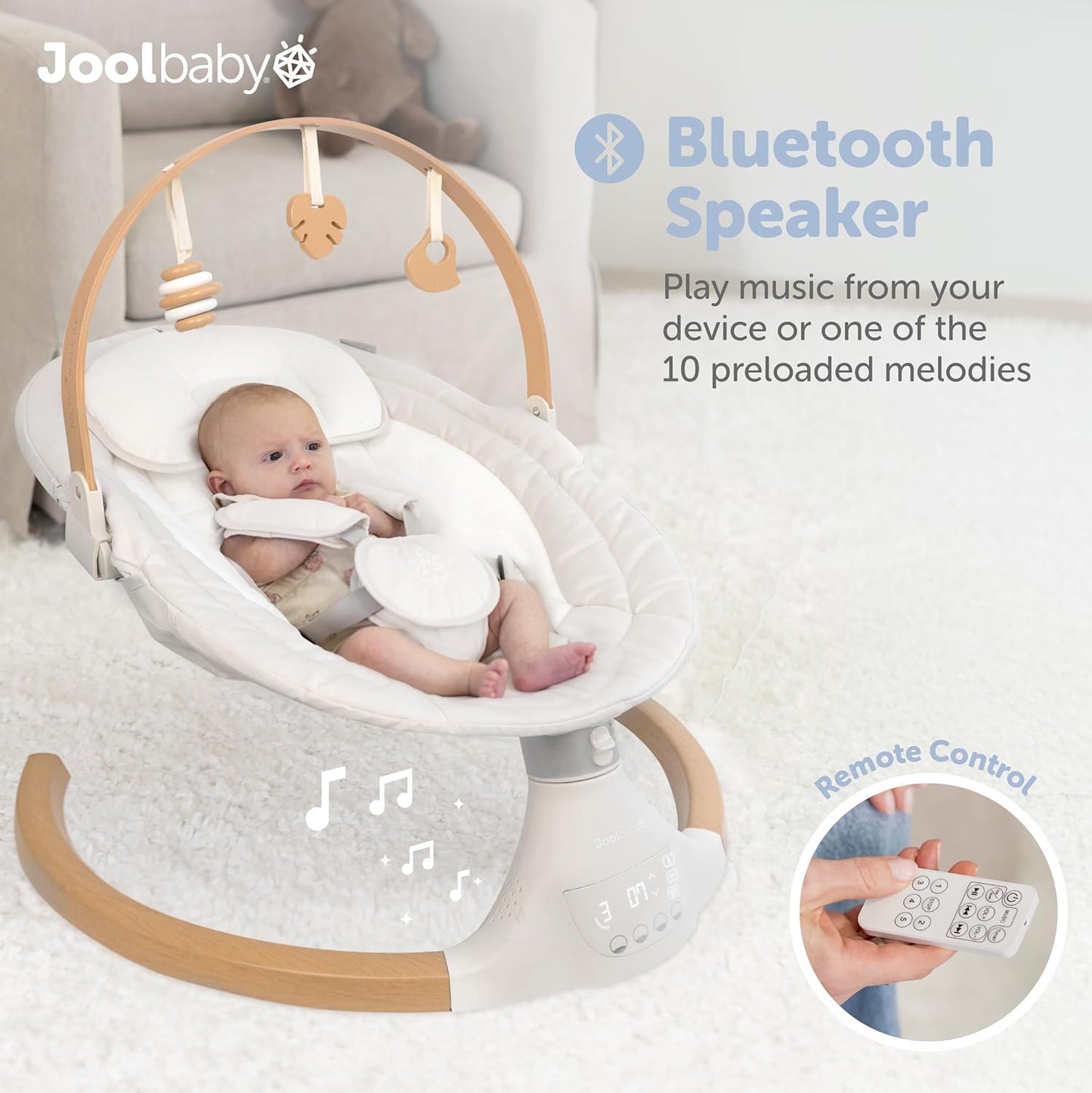 Jool Baby Nova Swing for Newborns - Electric Motorized Infant Swing, Bluetooth Music, 10 Preset Melodies, Remote (2025 Model) (Wood/Oatmeal)