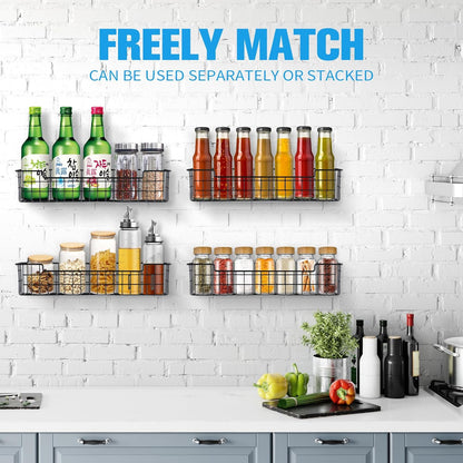 Spice Rack Organizer Wall Mount, Spice Organization Storage Shelf for Cabinet Door, 4 Packs Wall Spice Rack Saving Space for Kitchen, Black