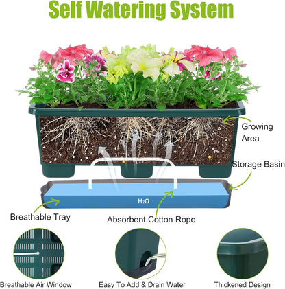 Window Box Planter 8 Pcs, 17 Inches Rectangle Flower Pots with Drainage Holes and Trays, Vegetable Planters for Windowsill Patio Garden Balcony Home Porch Yard Indoor Outdoor (Dark Green)