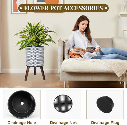 Flower Pot with Legs Tall Flower Pot with Drainage Holes for Indoor and Outdoor Decorative Planting (White Black Honeycomb, 12 Inches)