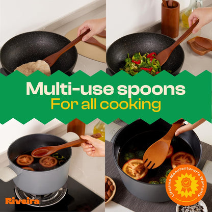 Riveira Premium Brown Bamboo Wooden Spoons for Cooking Set of 9 – Premium Brown Bamboo Wooden Cooking Utensils, Wooden Spatula, Wooden Spoon - Premium Quality Wooden Utensil Set for Non-Toxic Cooking