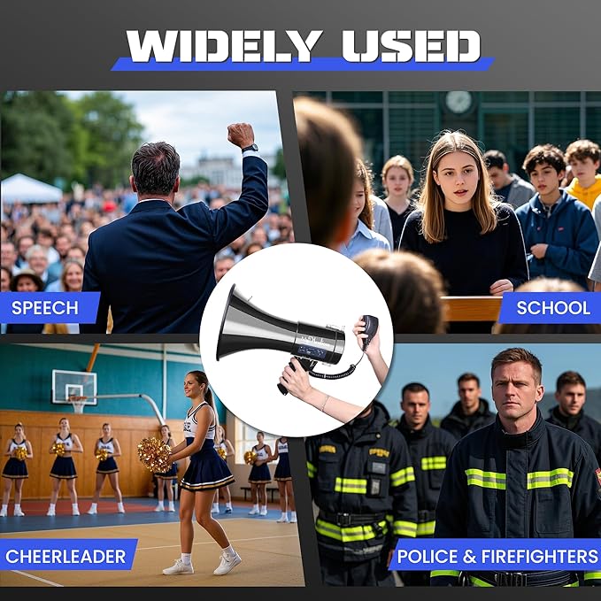 MyMealivos Bluetooth Megaphone with Siren Bullhorn 50 Watt Bullhorn Speaker with Detachable Microphone, Portable Lightweight Strap & 3.5mm Aux Input