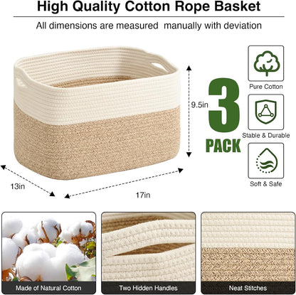 Large Storage Baskets for Organizing Shelves, Woven Cotton Rope Bins for Baby Nursery Organization, Book Toy Towel Organizer, 17"x13"x9.5", 3 Packs, Off White & Brown