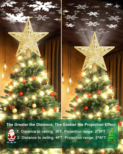 Kesfitt Christmas Tree Topper with 10M Warm Light Cord, Tree Top Star Decoration with 6 Projection Modes, Gold Tree Topper Lighted 3D Glitter Dynamic Projection for Xmas Party Holiday