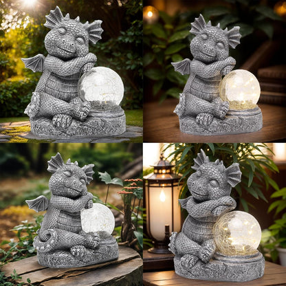 Garden Outdoor Dragon Statue Holding Solar Magic Orb LED Light Resin Adorable Baby Dragon Figurines for Patio Balcony Yard Lawn Garden Unique Housewarming Gift for Mom Grandma