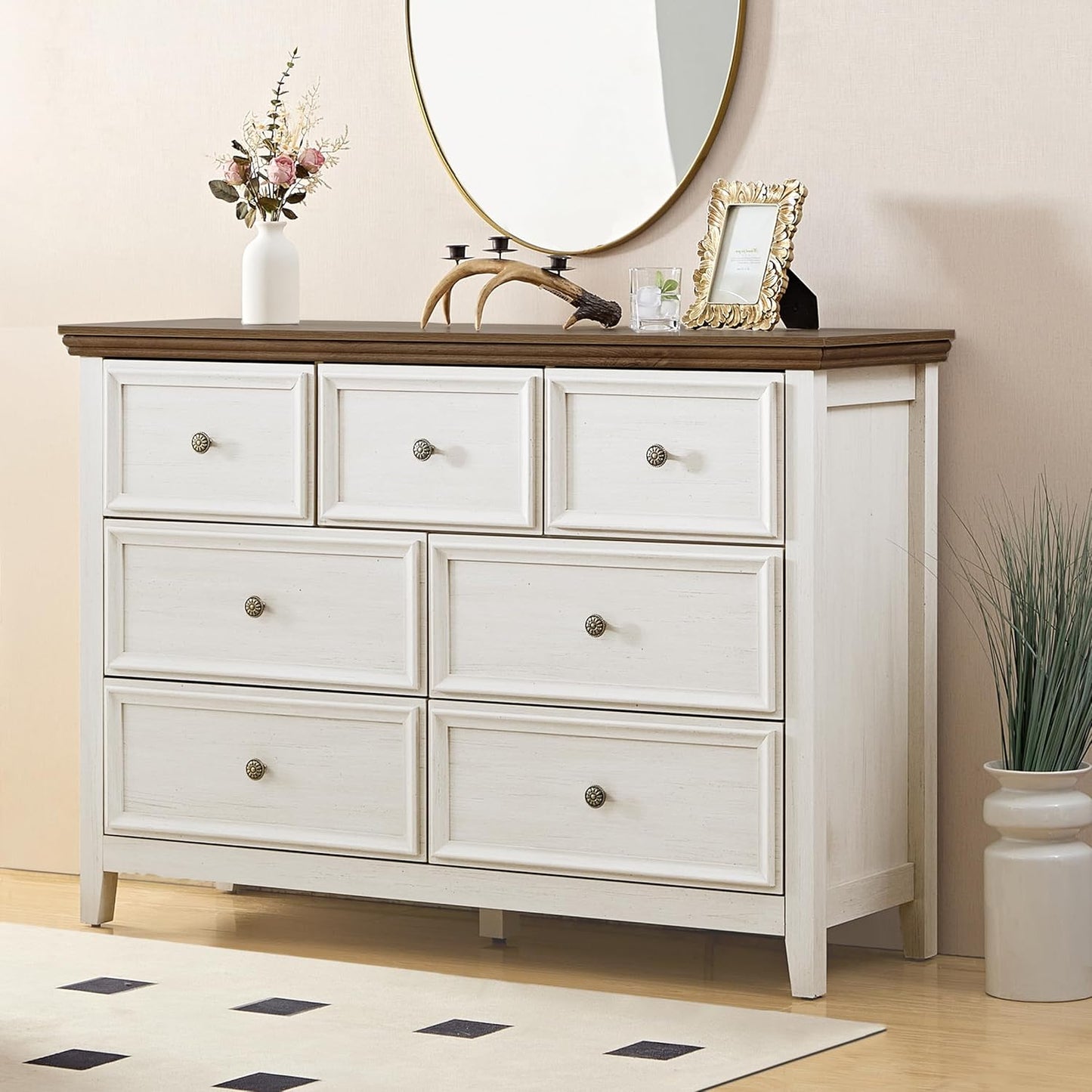 BLANKSPACE 7 Drawer Dresser, Modern Farmhouse Dresser Chest of Drawer for Bedroom, Chest of Drawers Storage Cabinet for Living Room, Entryway, Hallway, Antique White