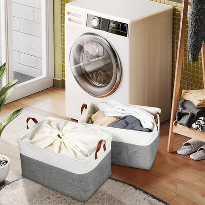 DULLEMELO Extra Large Storage Basket for Organizing, 70L Oversized Storage Bin Foldable Canvas Fabric Blanket Basket, 22" x 15" x 13" Large Kids Toy Basket Organizer with Handles (White&Grey)