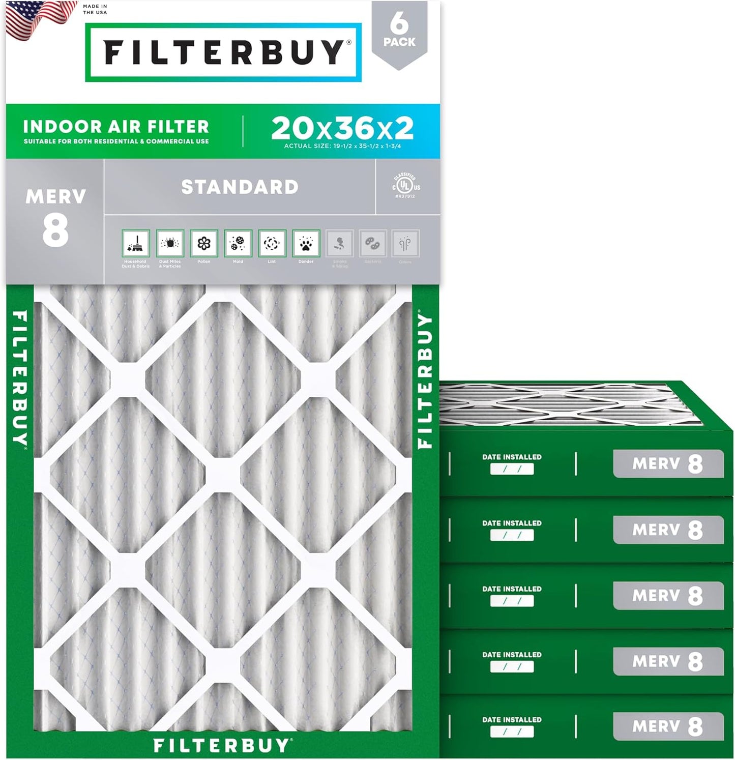 Filterbuy 20x36x2 Air Filter MERV 8 (MPR 700) Dust Defense Replacement (6-Pack), Electrostatic Pleated HVAC AC Furnace Filters, Made in USA (Actual Size: 19.50 x 35.50 x 1.75)