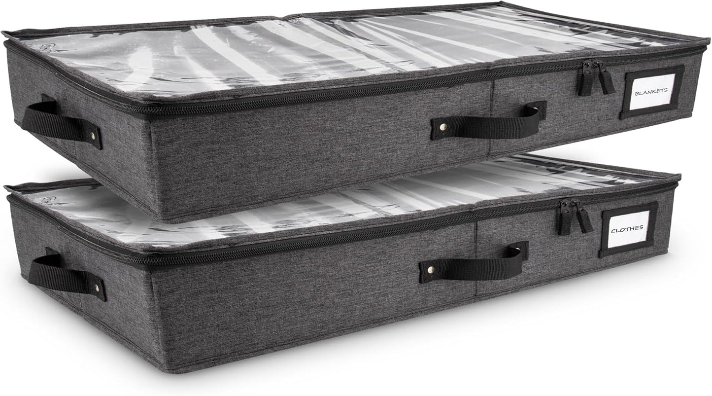 HOMELUX THEORY 2pc Low Profile Under Bed Storage Containers, Thin Under Couch Storage Organizer with Bins & Lids, Underbed Storage Box Ideal for Seasonal Clothes, Blankets, Fabric & Shoes (Dark Gray)
