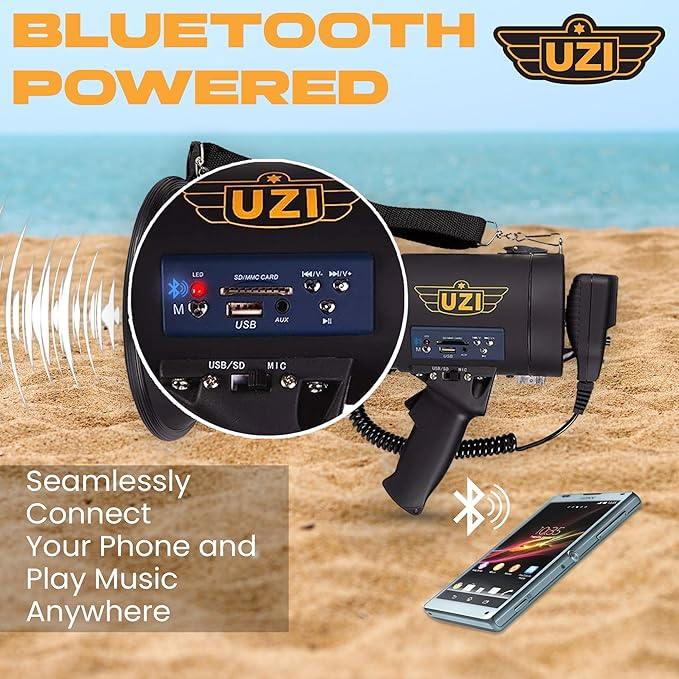 Uzi High Power Loud Big Bluetooth Megaphone 50W, Professional Bullhorn Megaphone Used by First Responders, Police & Agencies, Rechargeable Battery, PA System, Outdoor Activitie