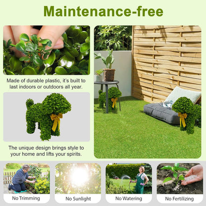 2 Pcs Artificial Bunny Shaped Topiary Trees, Artificial Green Boxwood Bunny Decorations with Gold Bow, Perfect for Indoor & Outdoor Front Porch, Easter& Garden Decor (Boxwood Dog Tree)