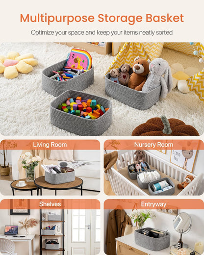 Small Woven Basket, 13.5 x 9.5 x 5 Inches, Storage Basket for Organizing, Cute Small Rope Shelf Closet Cube Storage Bins Baskets for Shelves, Dog Toy Gift Baskets Empty, 3 Packs, Mixed Grey