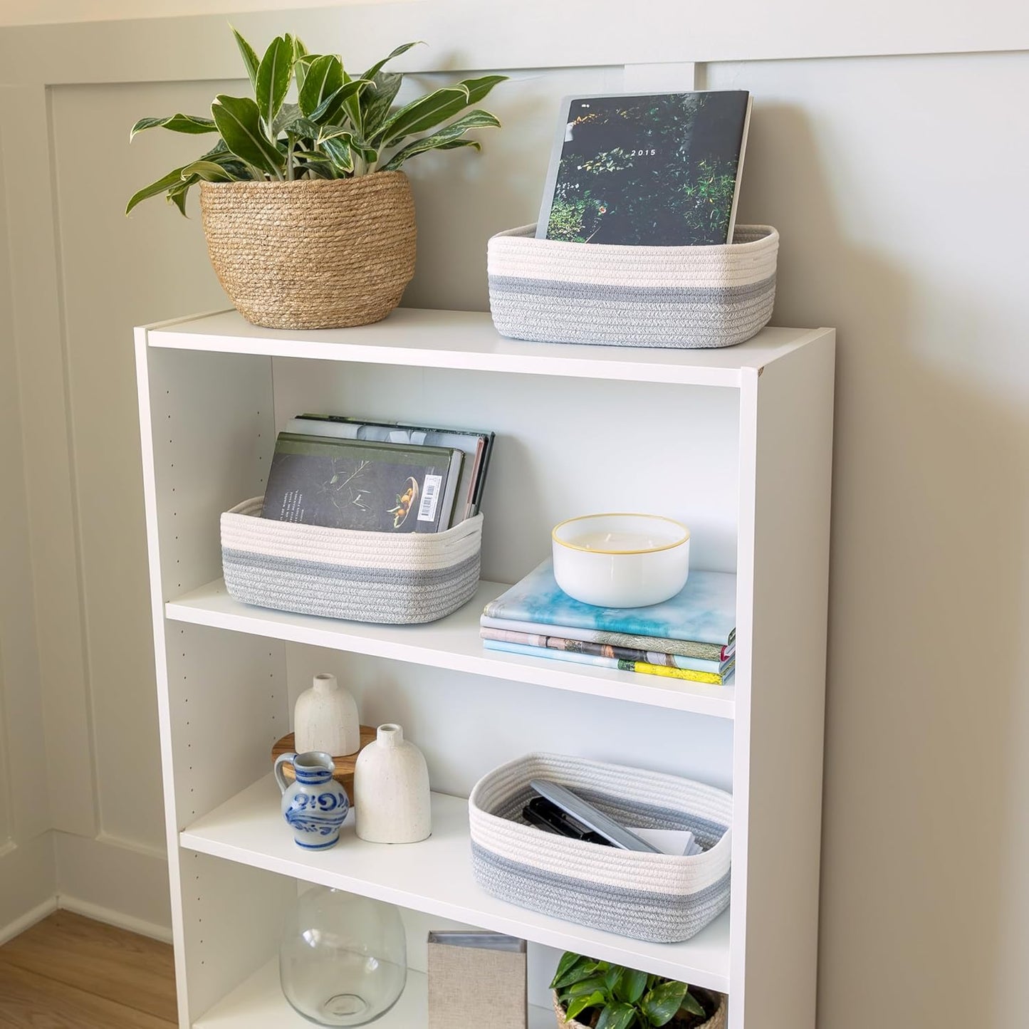 NaturalCozy 11.8"x8"x4.5” Storage Baskets for Shelves 3 Pack | Cotton Rope Woven Small Baskets for Organizing | Small Storage Bins for Nursery, Bathroom, Closet, Cube Shelf, Decorative, Gift Basket