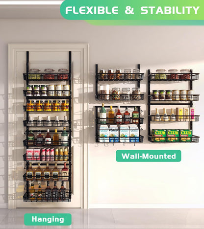 Over The Door Pantry Organizer, Wall Mount Spice Rack, Pantry Hanging Storage and Organization, 8 Adjustable Baskets Heavy-Duty Metal for Home & Kitchen, Back of Door Seasoning Rack - Black