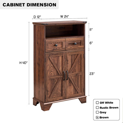 Farmhouse Bathroom Storage Cabinet, 24" Wide Floor Cabinet w/Barn Doors, Adjustable Shelf & Drawer, Cabinets for Bathroom, Kitchen, or Living Room, Brown