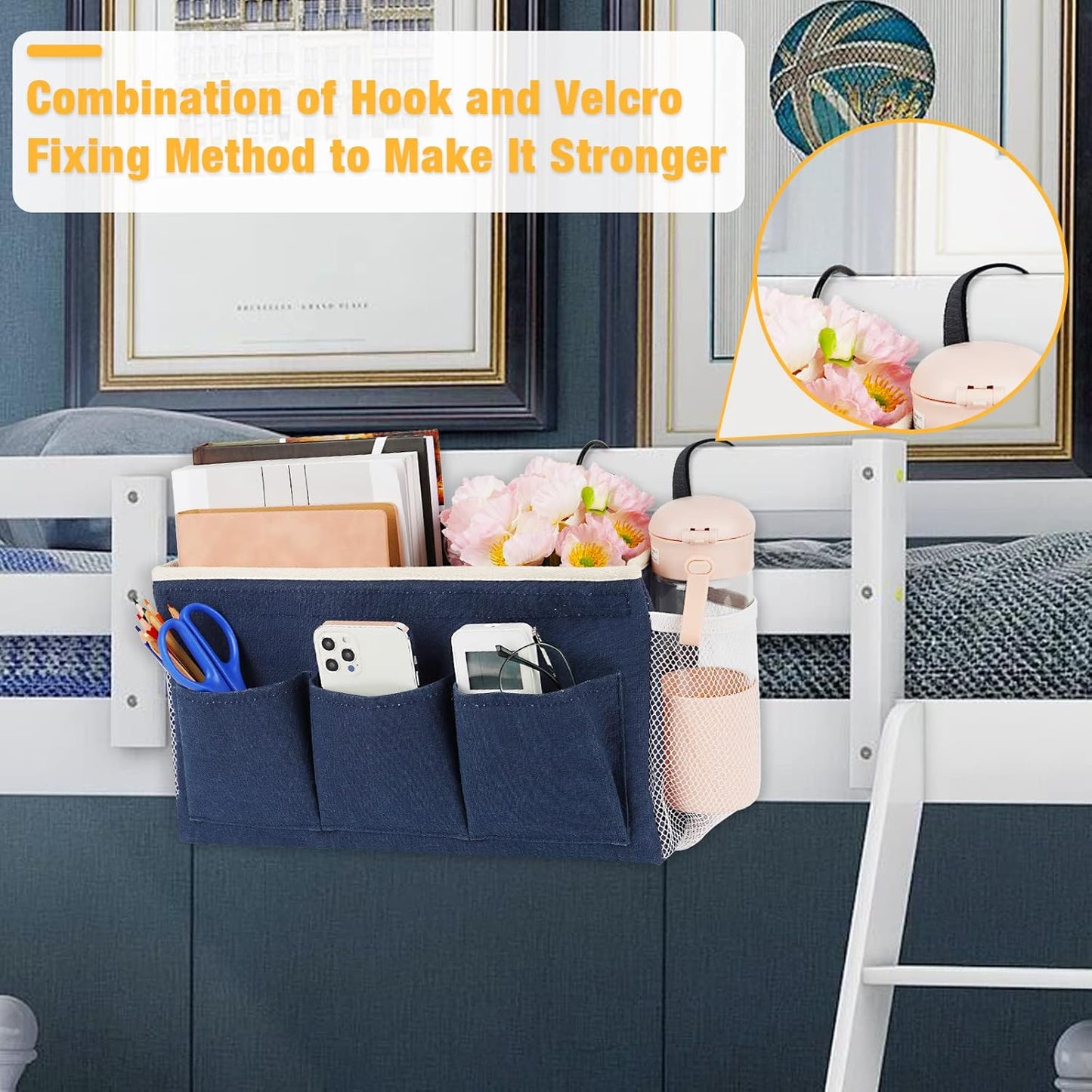 Bedside Caddy Bedside Organizer Bedside Storage Caddy with Fixed Straps and Water Bottle Holder for Home College Dorm Bunk Bed Hospital Bed Crib Bed Rails (Navy Blue)