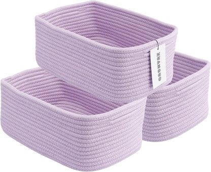Small Woven Storage Baskets 12“X8”X5“ Decorative Rope Bins for Organizing Shelves, Closets, and Toys, Empty Gift Baskets, Cute Organizer Basket for Home and Office (purple, regular)