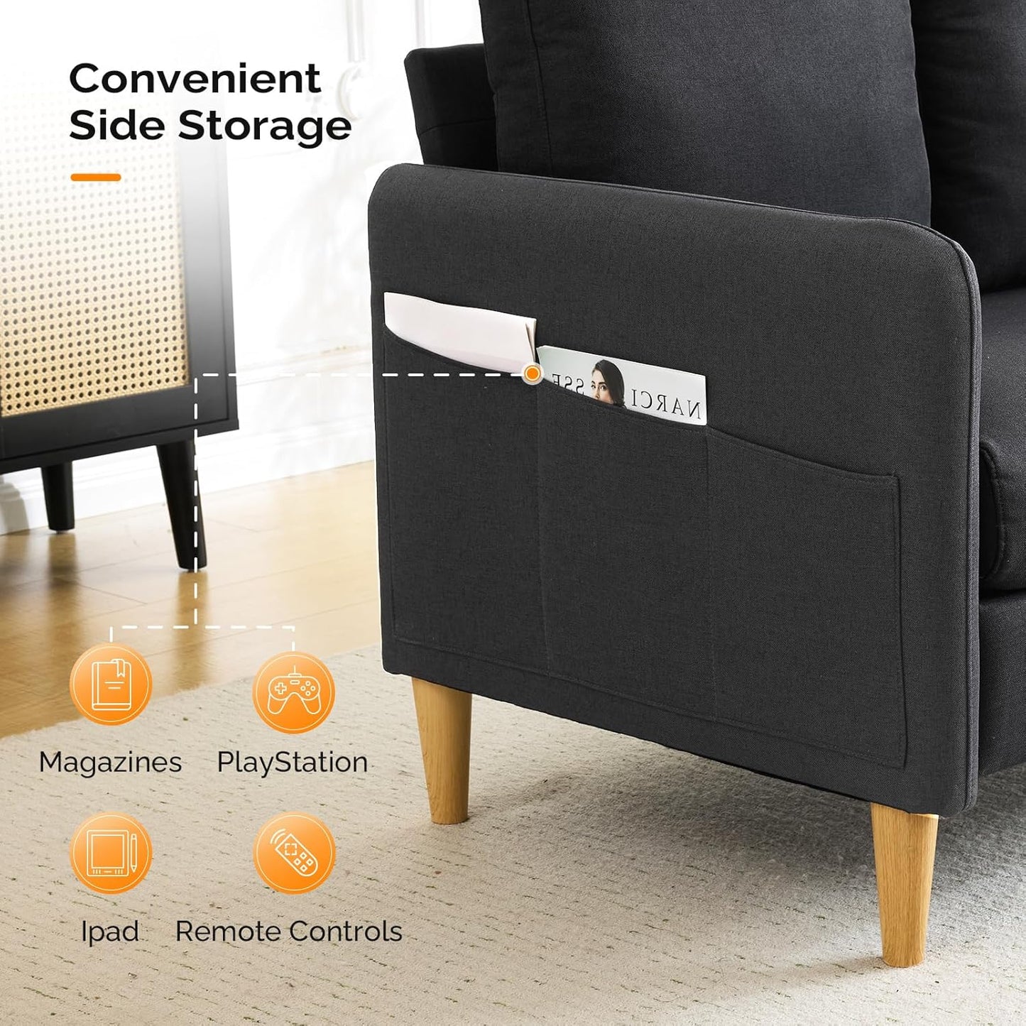 VINGLI 47" Small Couch, Linen Loveseat Sofa Black Mini Couch Mid Century Modern Decor Love Seat for Small Spaces Living Room, Bedroom, Play Room