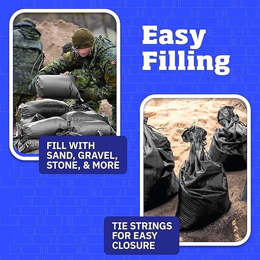 DURASACK Heavy Duty Sand Bags with Tie Strings Empty Woven Polypropylene Sand-Bags for Flood Control with 1600 Hours of UV Protection, 50 lbs Capacity, 14x26 inches, Black, Pack of 20