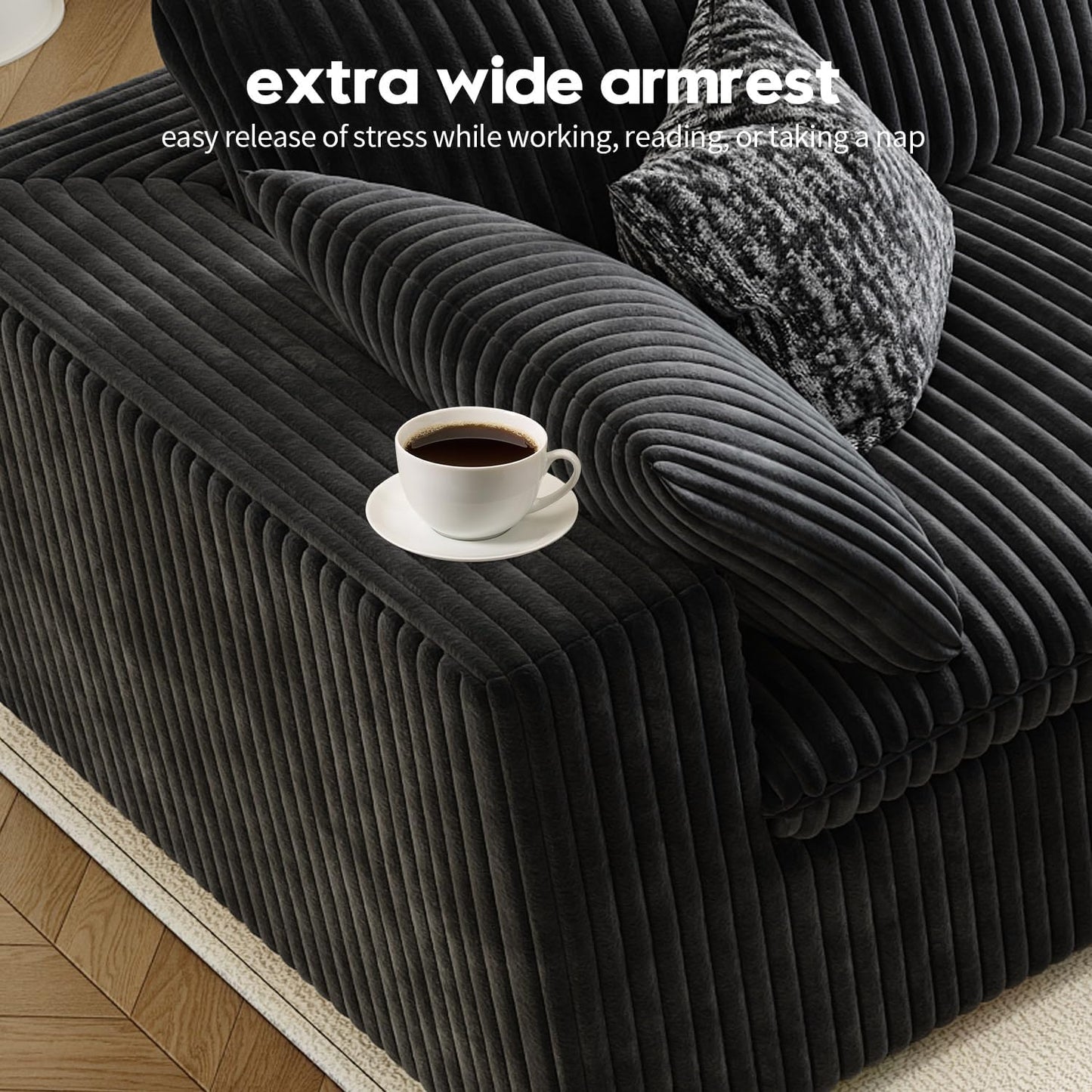 118" Cloud Couch Modular Sectional Sofa for Living Room,Modern Sofa with Deep Seat，3 Seater Boneless Couch,Comfy Upholstered Corduroy Couches for Apartment, Studio, Office,Bedroom，Black