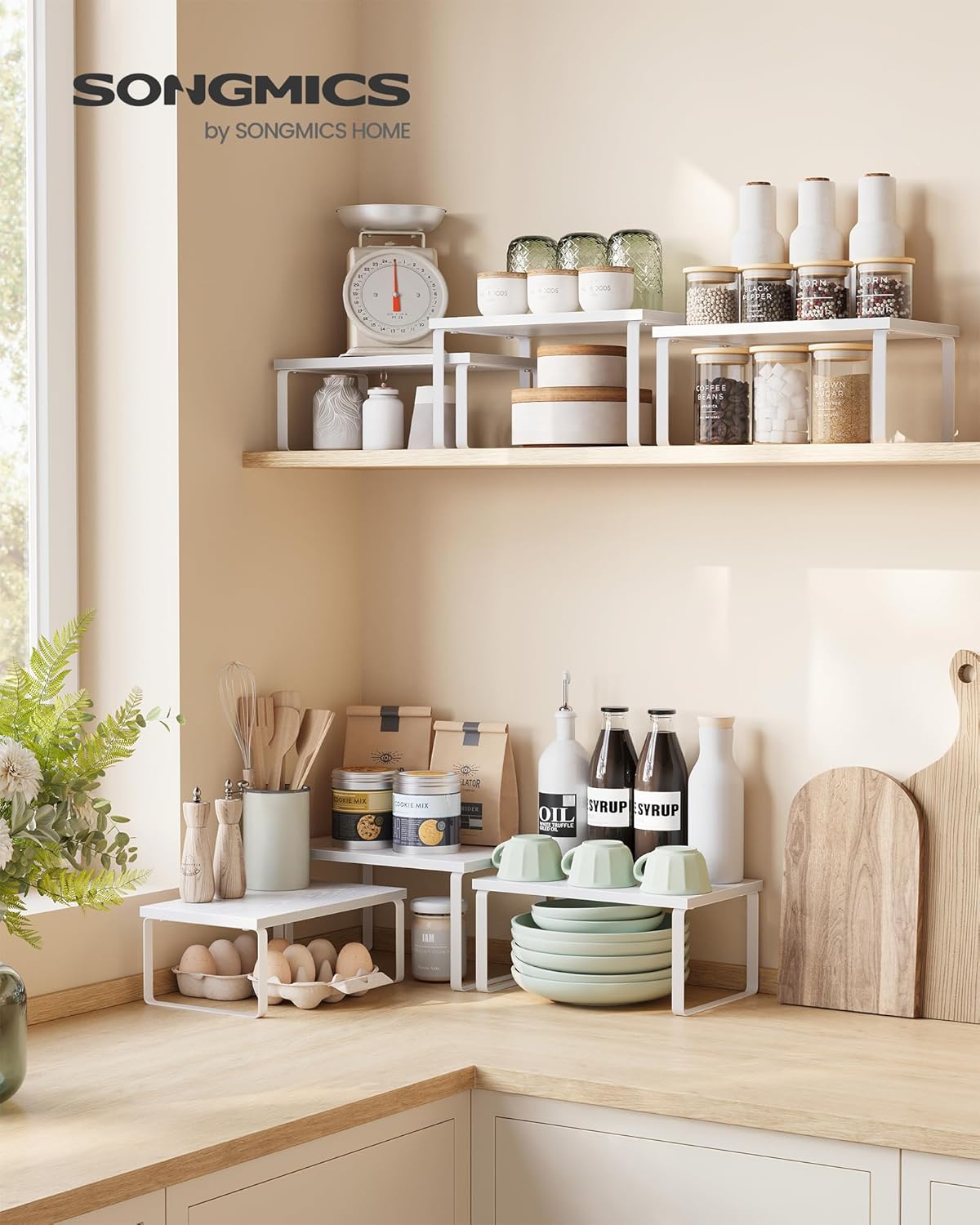 SONGMICS Cabinet Organizer Shelf, Set of 3 Kitchen Counter Shelves, Kitchen Storage, Spice Rack, Stackable, Expandable, Snow White and Matte White UKCS220W01