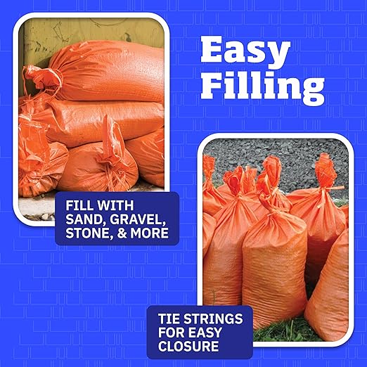 DURASACK Heavy Duty Sand Bags with Tie Strings Empty Woven Polypropylene Sand-Bags for Flood Control with 1600 Hours of UV Protection, 50 lbs Capacity, 14x26 inches, Orange, 12000 Count