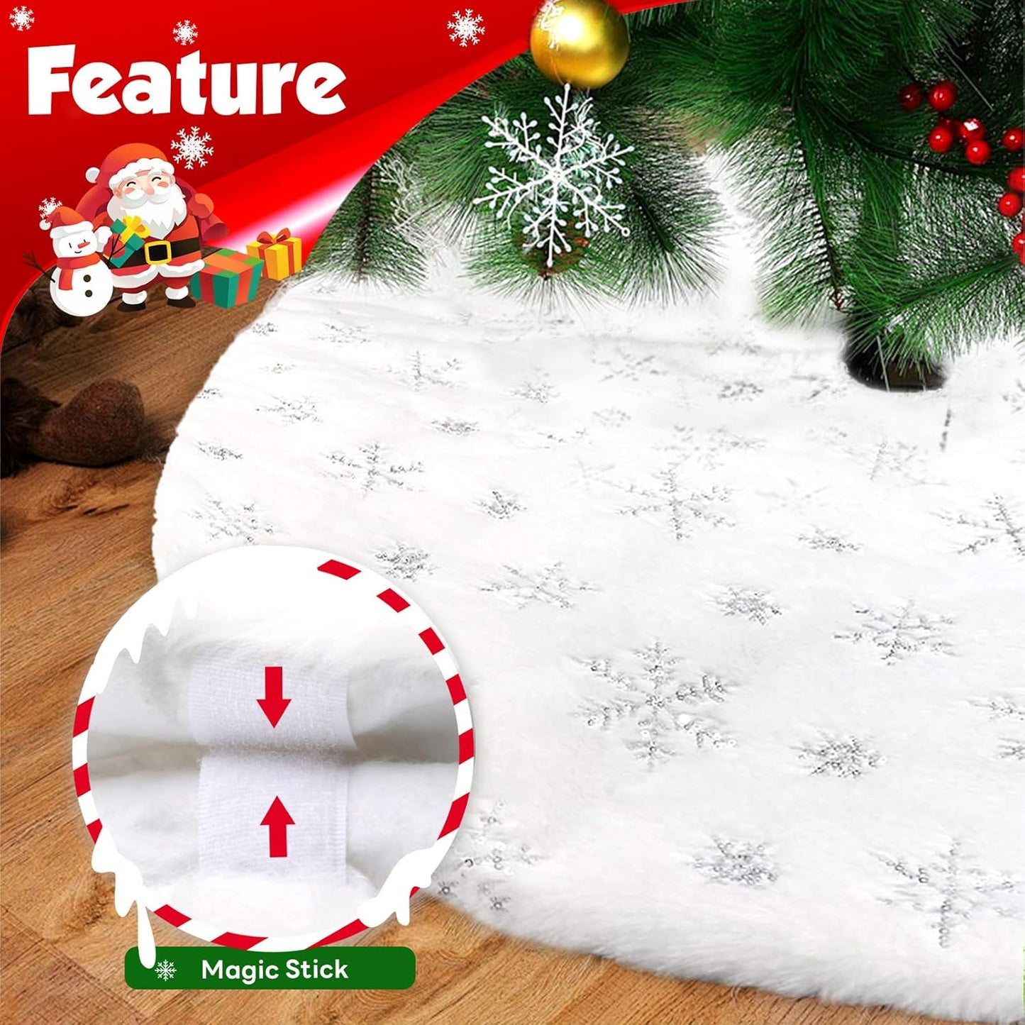 Christmas Tree Skirt 36 Inch, Holiday Part Decorations for Christmas Tree, Whit Plush Sliver Sequin Snowflake Tree Shirt for Xmas