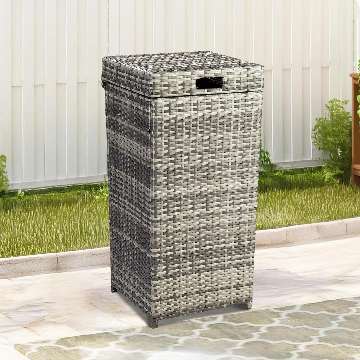 VINGLI Wicker Patio Trash Can, 27 Gallon Rattan Trash Can with Removable Lid, Outdoor Wicker Waste Basket, Wast Container (Grey)