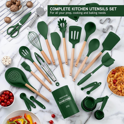 Country Kitchen Non Stick Silicone Utensil Set with Rounded Wood Handles for Cooking and Baking, 38 Piece Set, Green