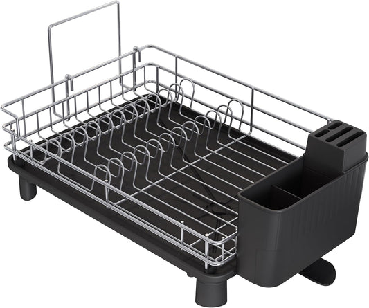 BOOSINY Stainless Steel Dish Drainers Drying Rack for Kitchen Counter with Automatic Drainage, 1 Tier Rust Proof Metal, Space Saving, Modern Aesthetic, Compact Plates Strainers,Gray