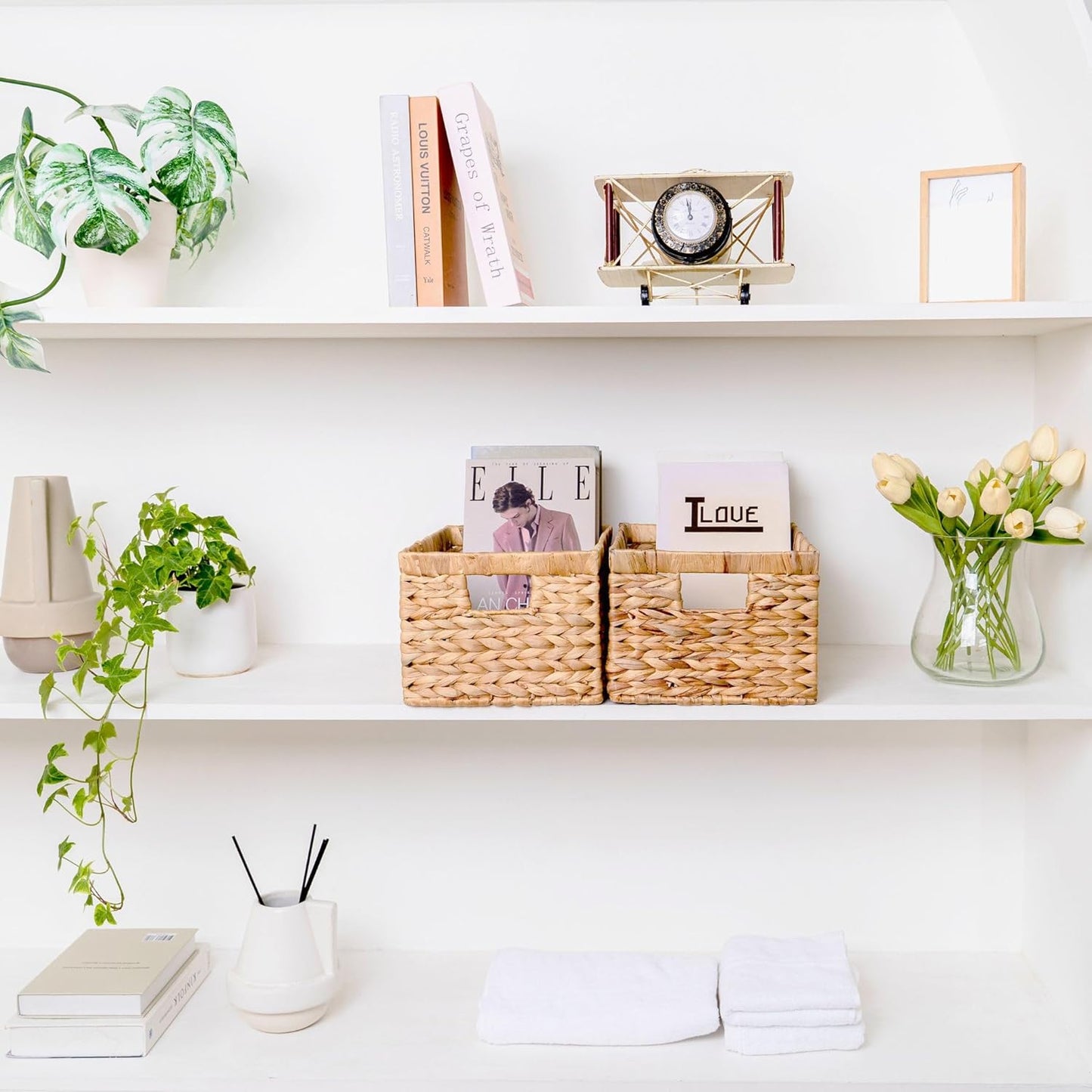 Set of 3 Water Hyacinth Storage Baskets – Wicker Baskets for Shelves, Decorative Woven Organizer Bin for Bathroom, Closet, or Pantry (3-Pack Medium)
