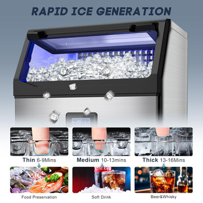 Commercial Ice Maker Machine 250LBS/24H with 75LBS Storage Bin, Stainless Steel Undercounter/Freestanding Ice Maker Machine for Home Bar Outdoor, 80PCS Ice Cubes Ice Machine, Self Cleaning
