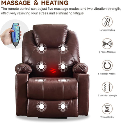 SALOHZA Power Lift Recliner Chair for Elderly with Massage and Heat for Living Room, Electric Recliner Chair for Adults with USB/Type C Port/Cup Holders, PU Faux Leather, Chocolate Brown