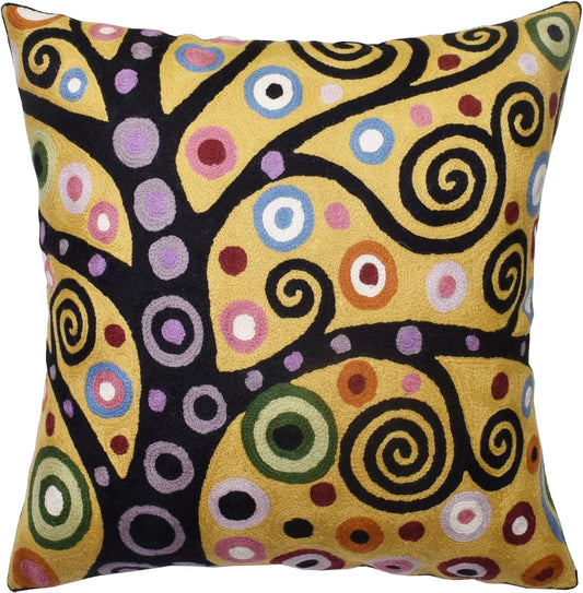 Klimt Yellow Tree of Life Pillow Cover Gold Floral Pillowcase Flower Botanical Gold Accent Suzani Sofa Cushions Kids Room Cushions Hand Embroidered Wool Size - 18x18