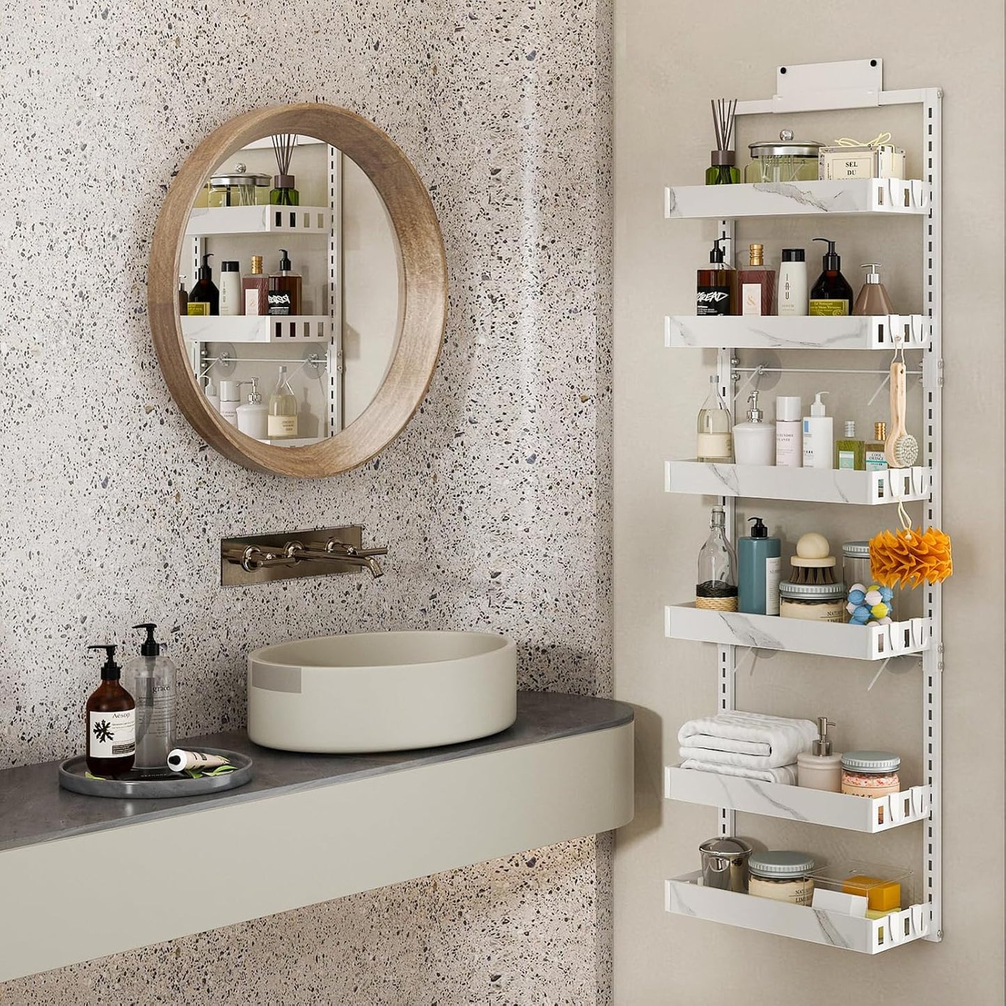 bukfen Over the Door Pantry Organizer, 6-Tier Adjustable Basket Kitchen Pantry Door Organization and Storage, Heavy-Duty Metal Hanging Kitchen Spice Rack,D6.3 x W17.32 x H50.60 inch,White Marble Color