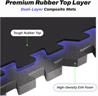 AIRHOP 0.56in Thick 48 Sq Ft Exercise Equipment Mats, 12 Tiles Upgraded Rubber Top with High Density EVA Foam, Large Interlocking Puzzle Gym Flooring for Home Gym, Heavy Weight Workout,Black
