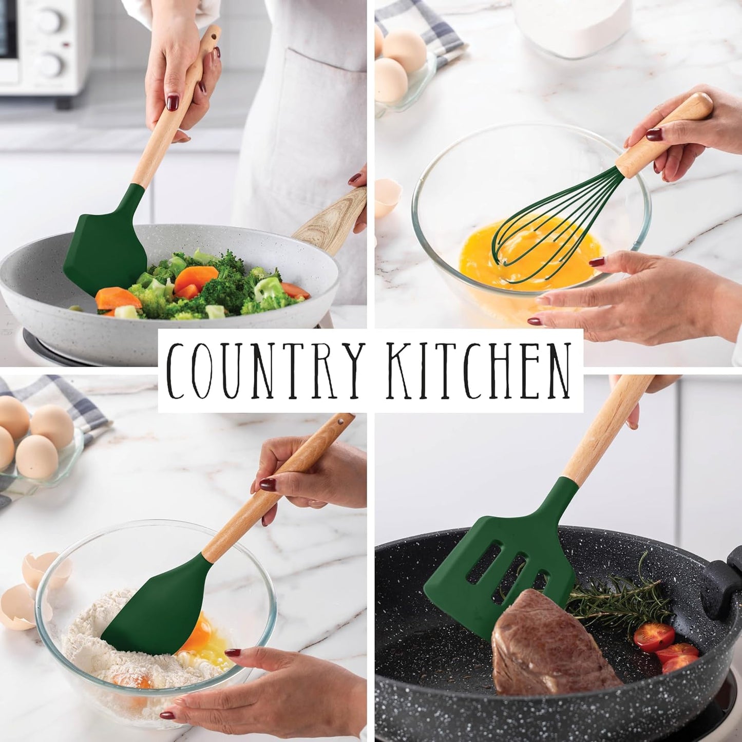 Country Kitchen Non Stick Silicone Utensil Set with Rounded Wood Handles for Cooking and Baking, 38 Piece Set, Green