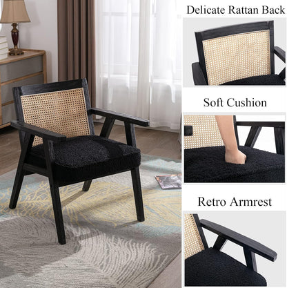 Accent Rattan Chairs Set of 2, Faux Fur Upholstered Living Room Chairs with Cane Back, Retro Mid Century Modern Cane Chair Armchair for Reception Reading Indoor Outdoor, Black