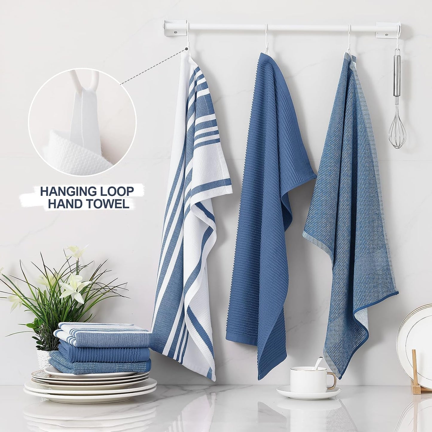 Homaxy Premium Kitchen Towels(18”x 28”, 3 Pack), Large Cotton 380 GSM Kitchen Hand Towels, Soft and Absorbent Terry Dish Towels, Multipurpose Tea Towel Set with Hanging Loop, Navy Blue