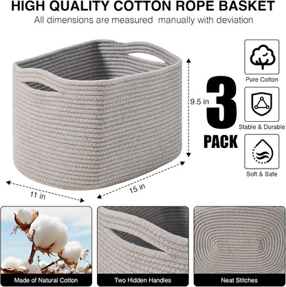 Storage Baskets for Organizing Shelves, Woven Cotton Rope Bins for Baby Nursery Organization, Book Toy Towel Organizer, 15"x11"x9.5", 3 Packs, Grey