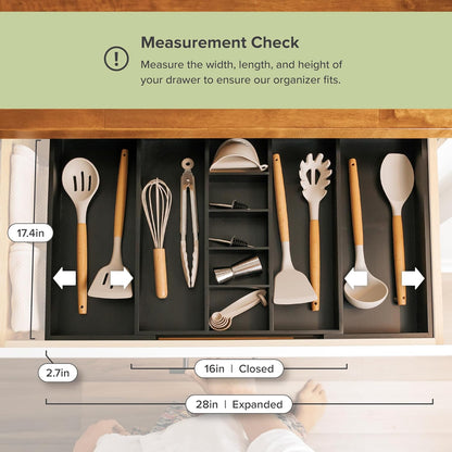 Adjustable Kitchen Drawer Organizer for Utensils and Junk, Food-Safe Contract Grade with 100% Sustainable Wood, Expandable from 16 to 28 Inches Wide - Black Bamboo
