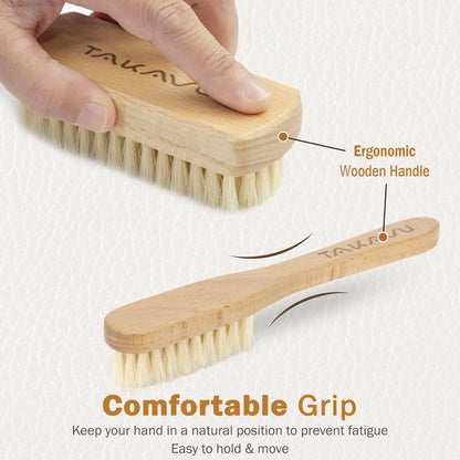 TAKAVU Leather & Upholstery Cleaning Brush Set, Pure White Boar Hair Bristle, to Clean Car Seats, Leather Sofas, for Alcantara, Interiors, Furniture, Boots, Shoes, Bags and More