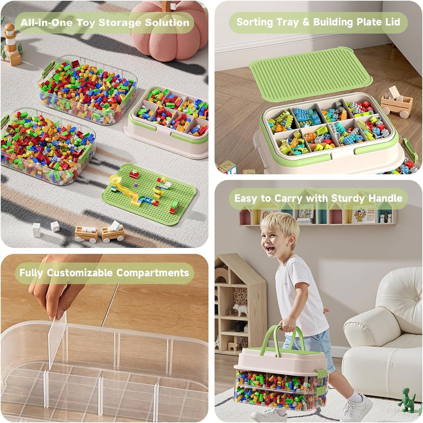 Toy Storage Organizer Box with Handle, Stackable Building Block Toy Box with Building Plate Lid & Removable Sorting Trays, Cubby Bins and Containers 2 Layer (Green)