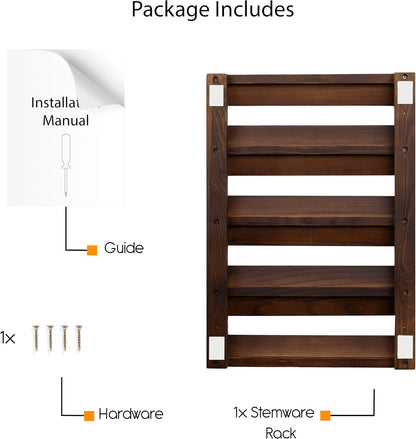 Rustic State Eze 4 Sectional Under Cabinet Mount Wood Stemware Rack Hanging Shelf Glassware Holder Bar Organizer with up to 12 Wine Glass Storage 12 Inch Deep Chestnut
