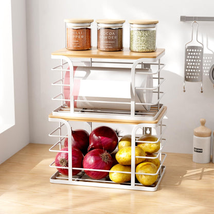 2 Pack Extra Large Stackable Pantry Organizer,Wall Mount Garbage Bag Holder Dispenser with Bamboo Top for Kitchen Laundry Room Organization,White