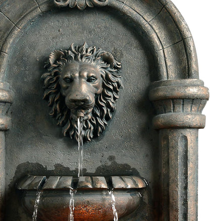 Teamson Home 32.1 in. Wall-Mounted Lion Head Stone LED Outdoor Water Fountain for Gardens, Landscaping, Patios, Balconies, Lawns to Create a Calming Oasis in Outdoor Living Spaces, Antique Bronze