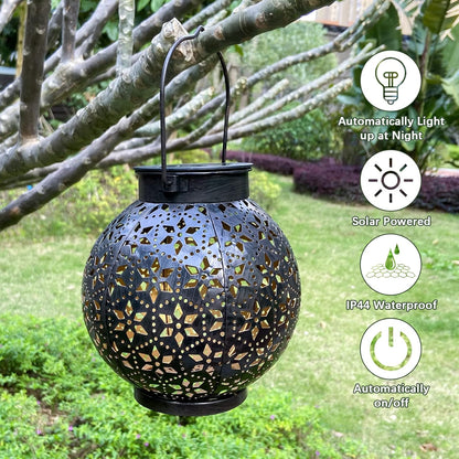 2 Pack Outdoor Solar Lantern Lights, Waterproof Tabletop LED Moroccan Lanterns, Hanging Metal Decorative Garden Lights for Patio, Lawn, Porch, Backyard