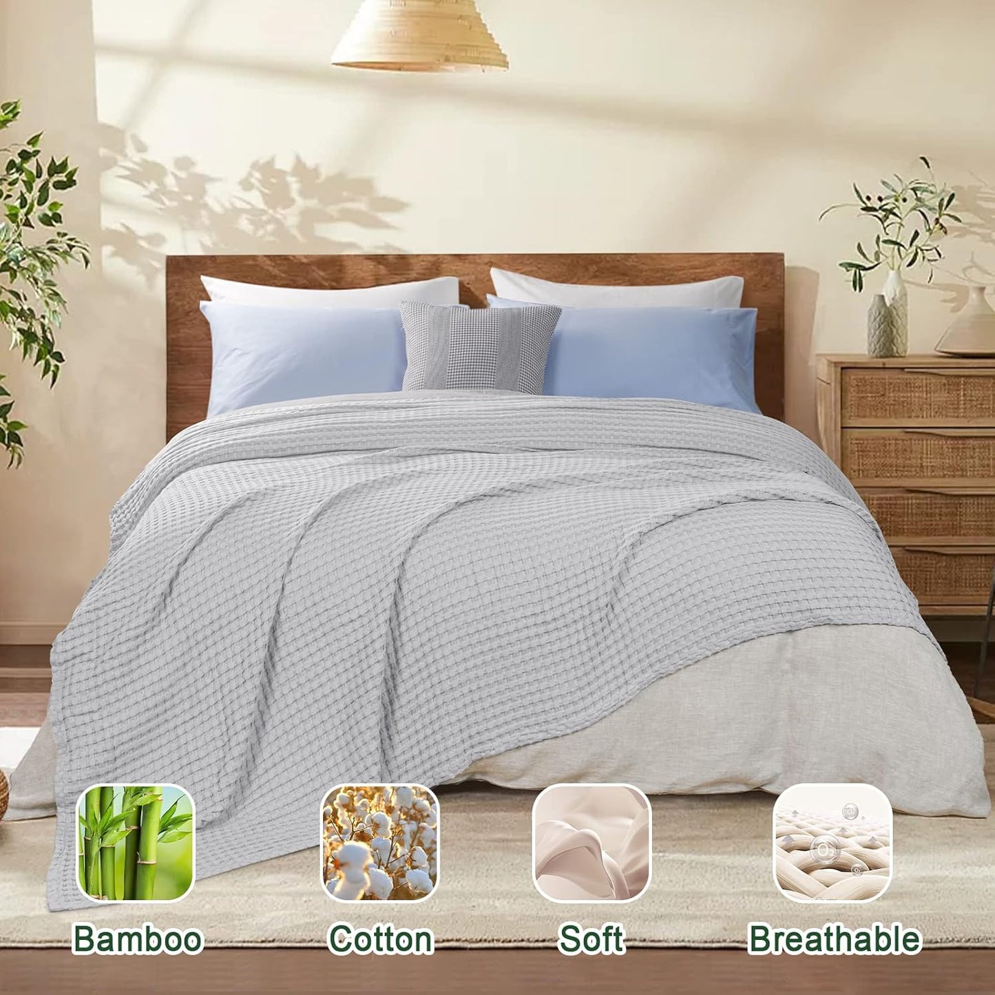 PHF Cooling Waffle Blanket Twin Size, Lightweight 60% Rayon Derived from Bamboo & 40% Cotton Breathable Blanket for Hot Sleepers, Ultra Soft and Luxury for Bed Couch and Sofa, 66"x90", Grey