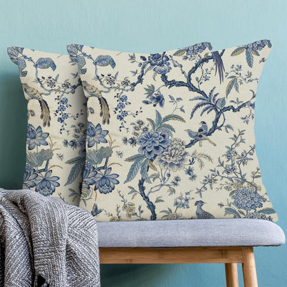 CXMEIFLY Spring Floral Birds Pillow Covers 24 x 24 Inch Set of 2 for Chinoiserie Flowers Decor Throw Pillows Blue and White Plant Outdoor Decorative Cushion Cases for Couch Bed Decorations