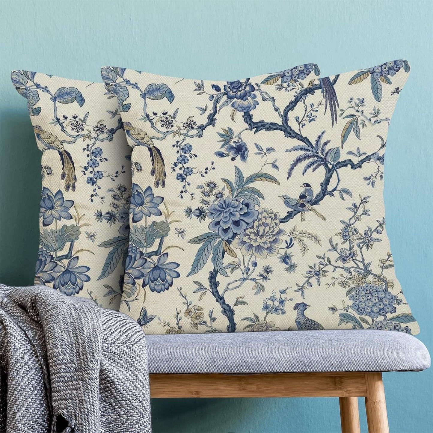 CXMEIFLY Spring Floral Birds Pillow Covers 22 x 22 Inch Set of 2 for Chinoiserie Flowers Decor Throw Pillows Blue and White Plant Outdoor Decorative Cushion Cases for Couch Bed Decorations